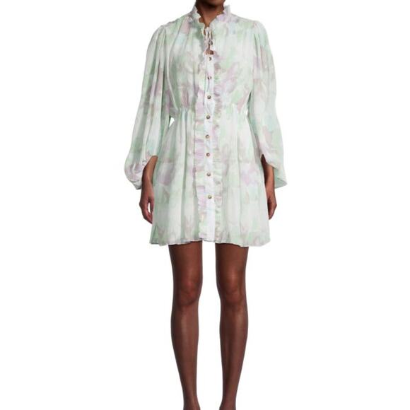 Avantlook Lantern Sleeve Pleated Ruffle Mini Dress Pastel Watercolor NEW Medium - Picture 1 of 11